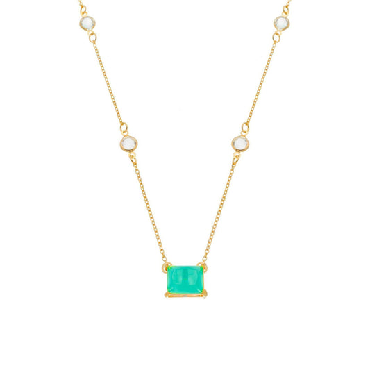 Colar Dourado de Retângulos Verdes e Pontos de Luzes